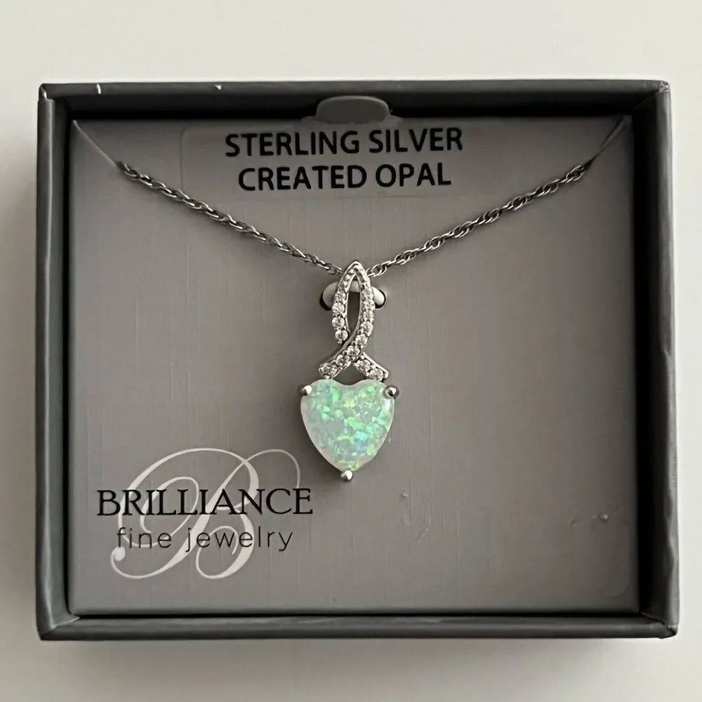 Necklace heart pendant with lab created opal sterling silver with crystals New